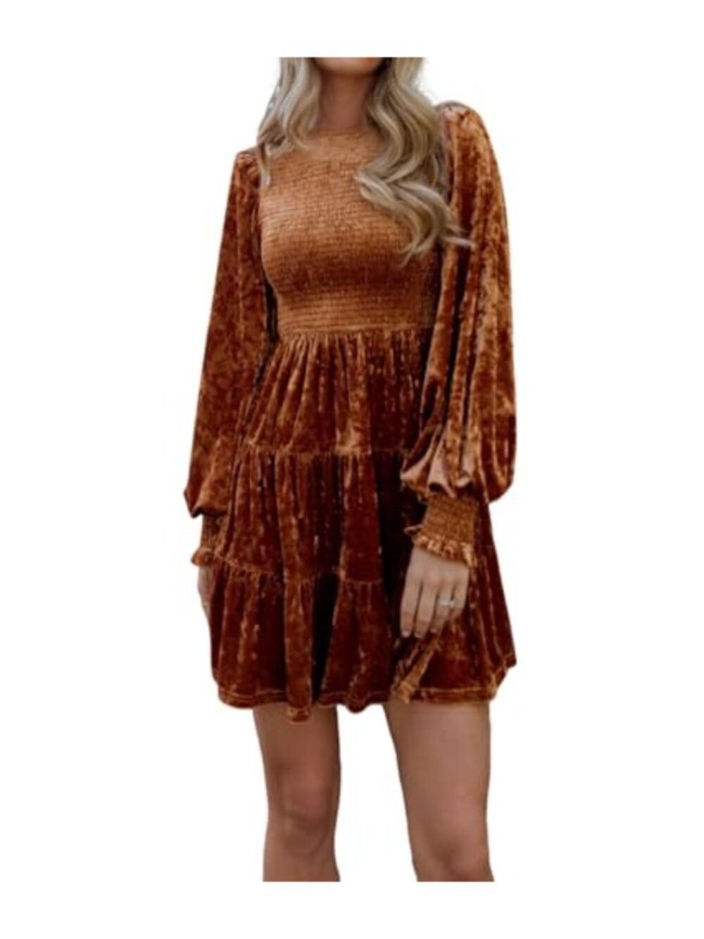 Women's Crushed Velvet Long Sleeve Mini Dress with Smocked Top and Tiered Ruffle